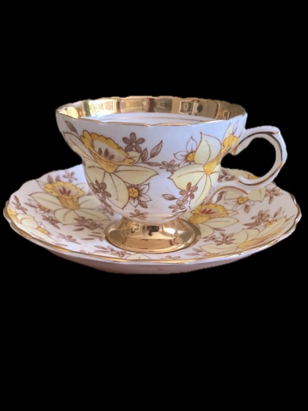 Rosina Bone China Tea Cup & Saucer England Gold Trim Daffodil Floral Vintage